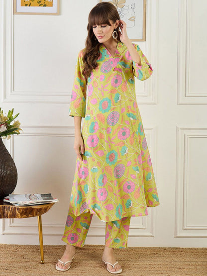 Floral Printed Straight Sequinned Pure Cotton Kurta With Trouser