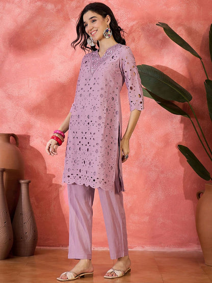 Dhiyona SN Women's Geometric Embroidered Mirror Work Pure Cotton Straight Kurta With Trousers