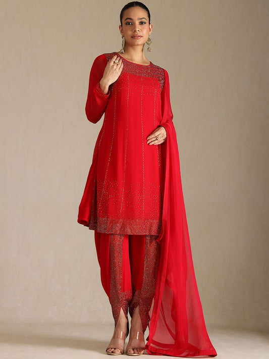Dhiyona SO Women's Embroidered Beads and Stones Straight Kurta with Dhoti Pants & Dupatta