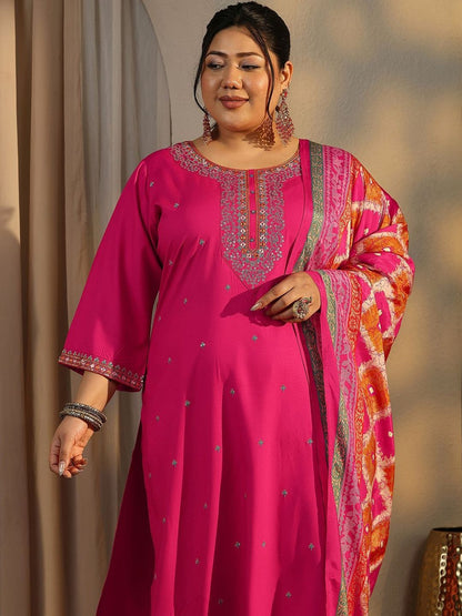 Dhiyona Women's Plus Size Ethnic Motifs Embroidered Kurta with Palazzo & Dupatta