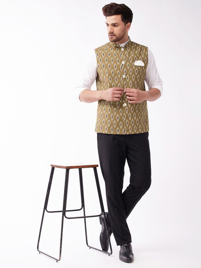 Men's Green Cotton Straight Nehru Jacket
