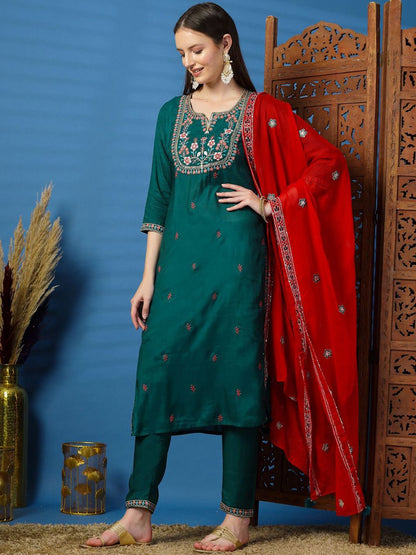 Dhiyona SN Women's Floral Embroidered Sequinned Straight Kurta with Trouser & Dupatta