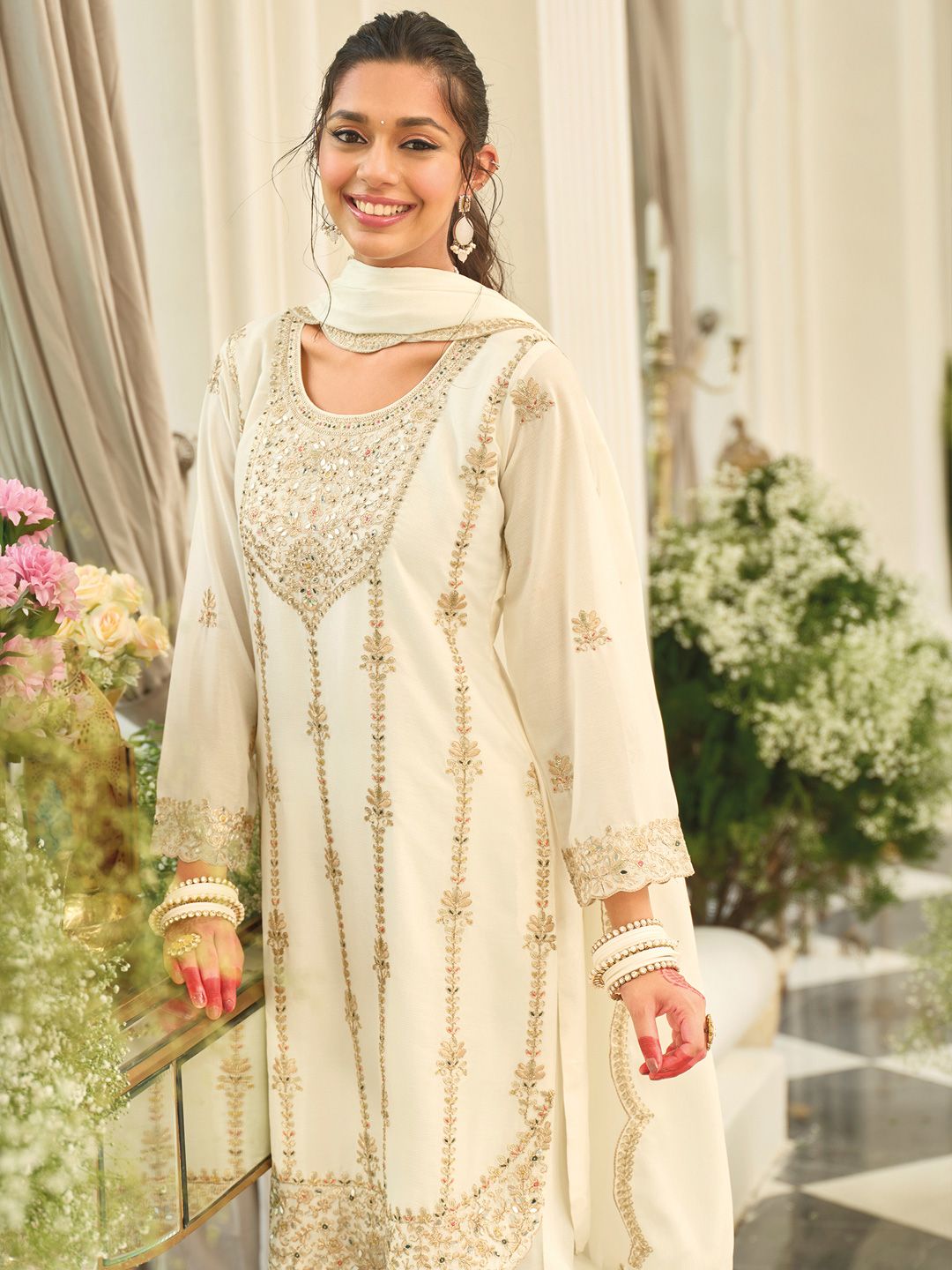 Women Ethnic Motifs Embroidered Mirror Work Kurta with Palazzos & Dupatta