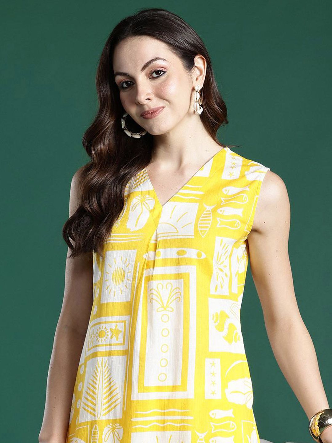 Dhiyona IE Printed Pure Cotton V-Neck Tunic With Trousers Co-Ords