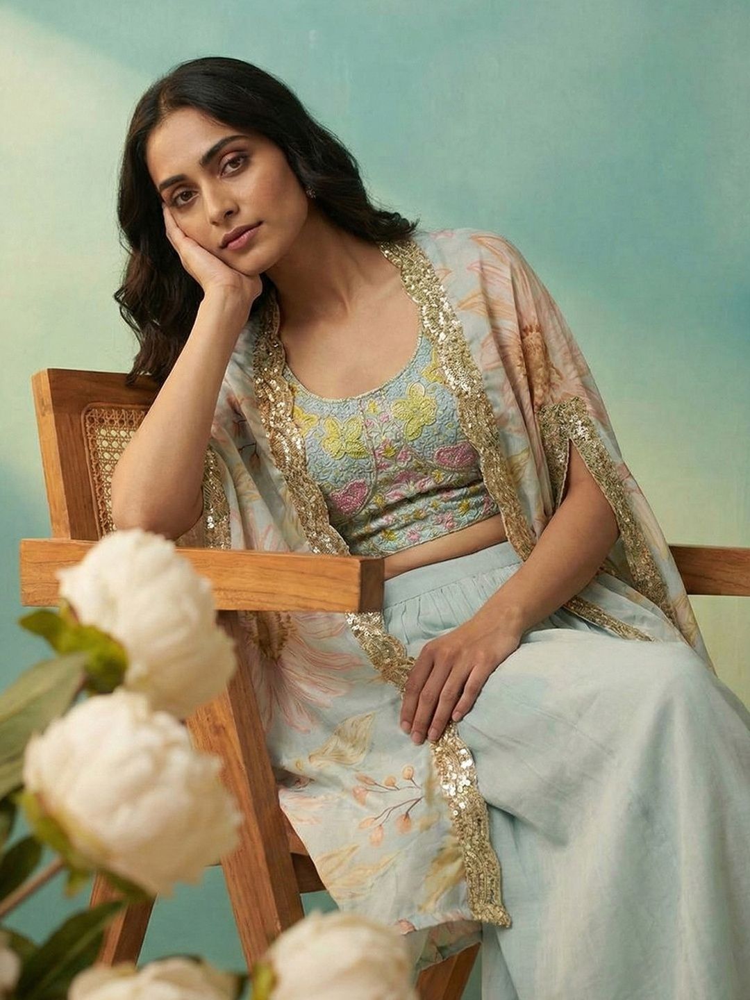 Dhiyona CH Women Floral Printed Layered Sequinned Kurta with Palazzos & With Dupatta