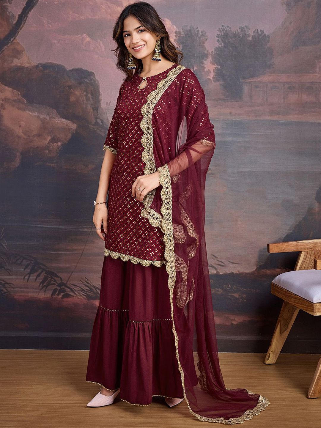 Dhiyona PD Women Embroidered Keyhole Neck Kurta With Sharara & Dupatta