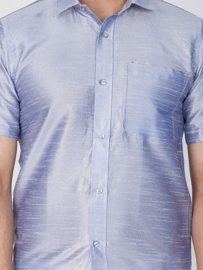 Men's Light Blue Silk Blend Straight Ethnic Shirt