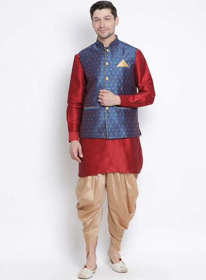 Men's Maroon Silk Blend Straight Jacket  Kurta and Dhoti Set