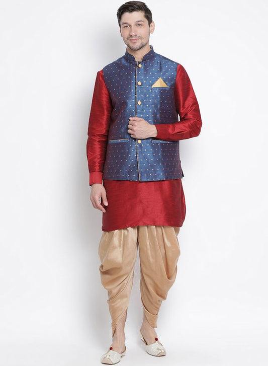 Men's Maroon Silk Blend Straight Jacket  Kurta and Dhoti Set