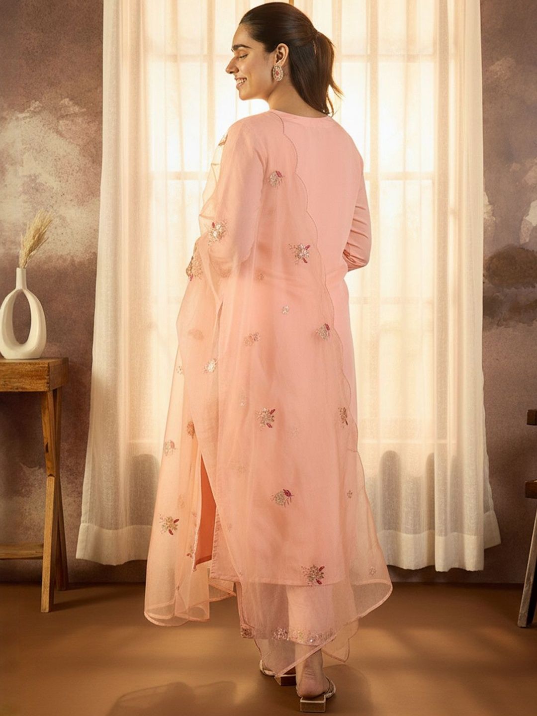 Ethnic Motifs Embroidered Regular Sequinned Kurta With Trousers & Dupatta