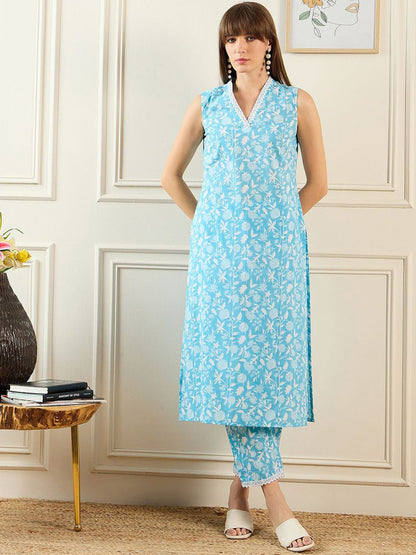 Dhiyona IE Floral Printed V-Neck Pure Cotton Tunic & Trouser