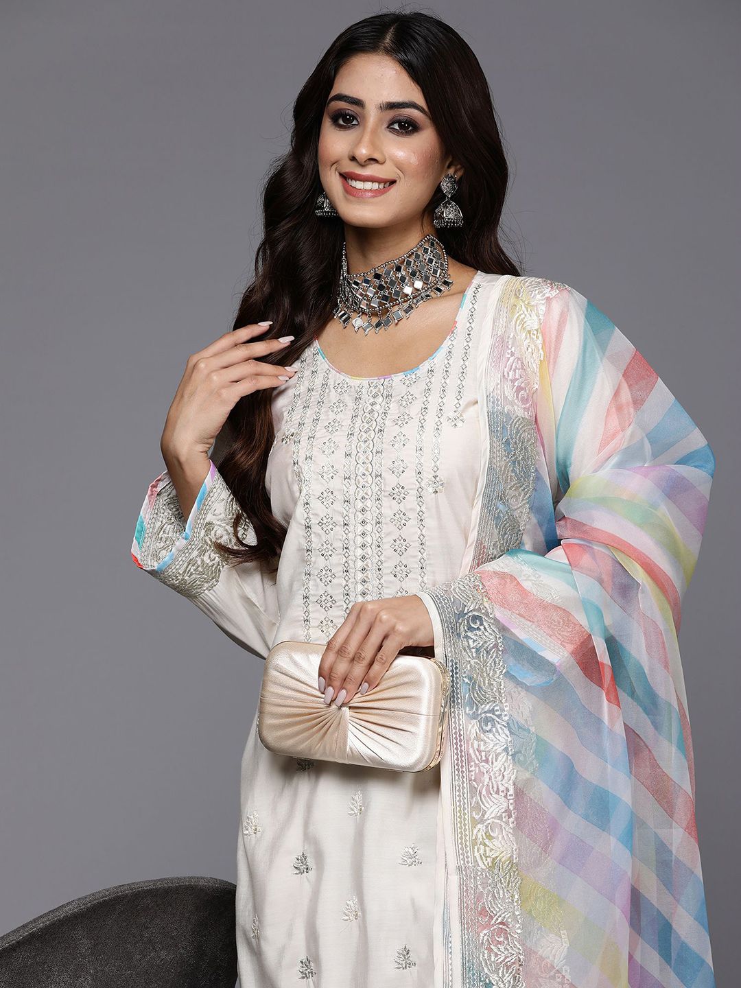 Cream-Coloured Embroidered Sequined Cotton Zari Kurta With Trousers & Dupatta