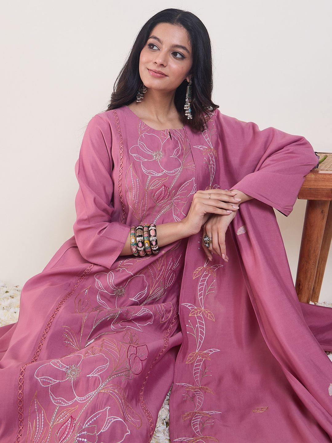 Floral Embroidered Thread Work A-Line Kurta & Trousers With Dupatta