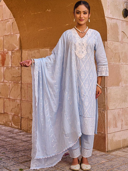 Women Ethnic Motifs Embroidered Regular Thread Work Pure Cotton Kurta with Trousers & With Dupatta