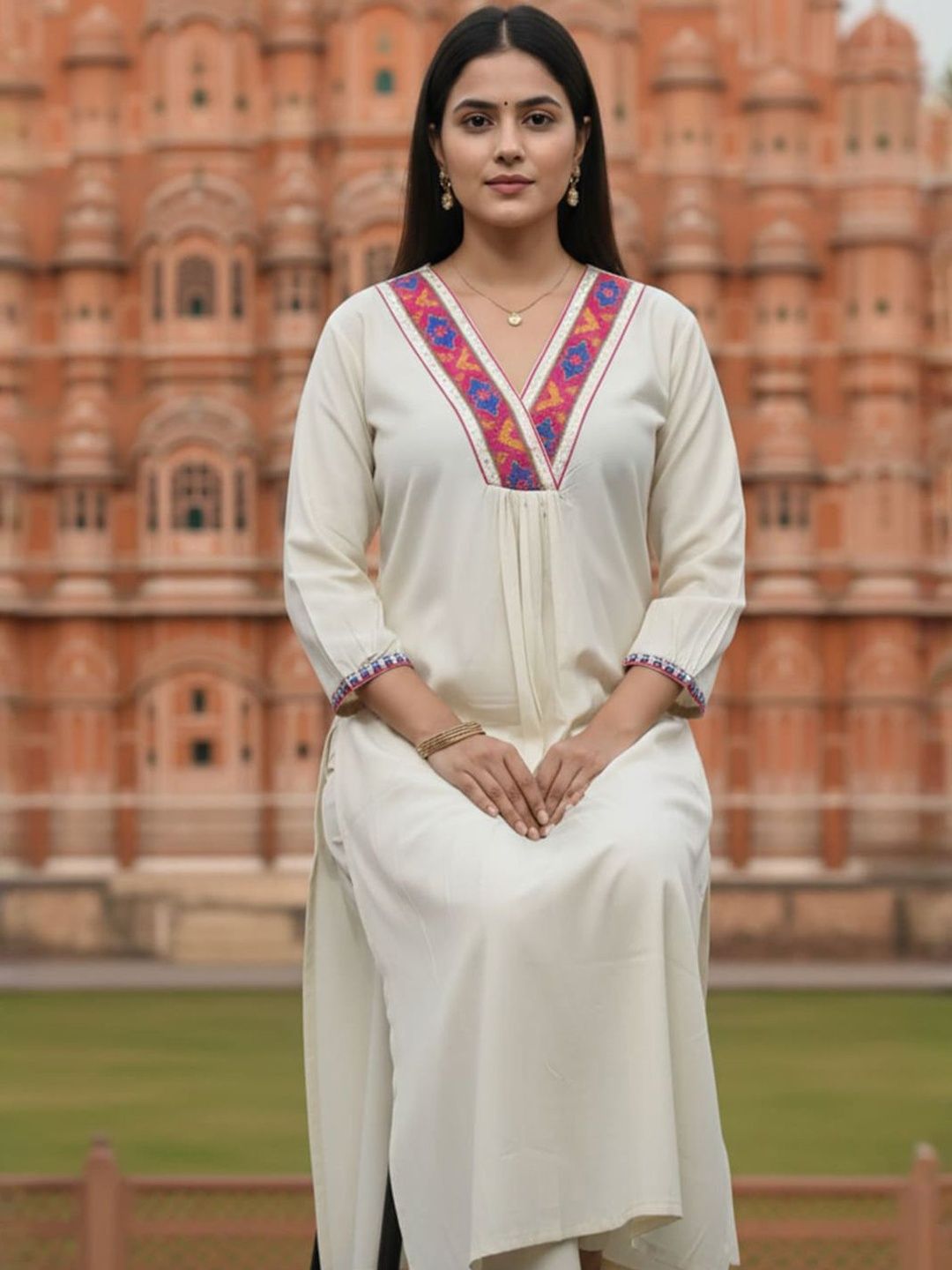 Off White Embroidered A-Line Liva Kurta With Trousers
