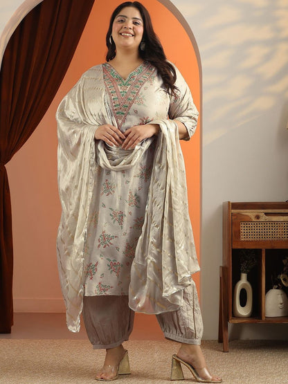 Dhiyona Women's Plus Size Printed V-Neck Straight Kurta With Trousers & Dupatta
