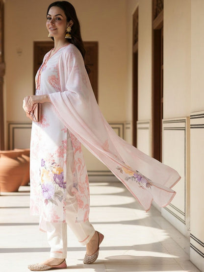 Floral Printed Linen Kurta With Trousers & Dupatta