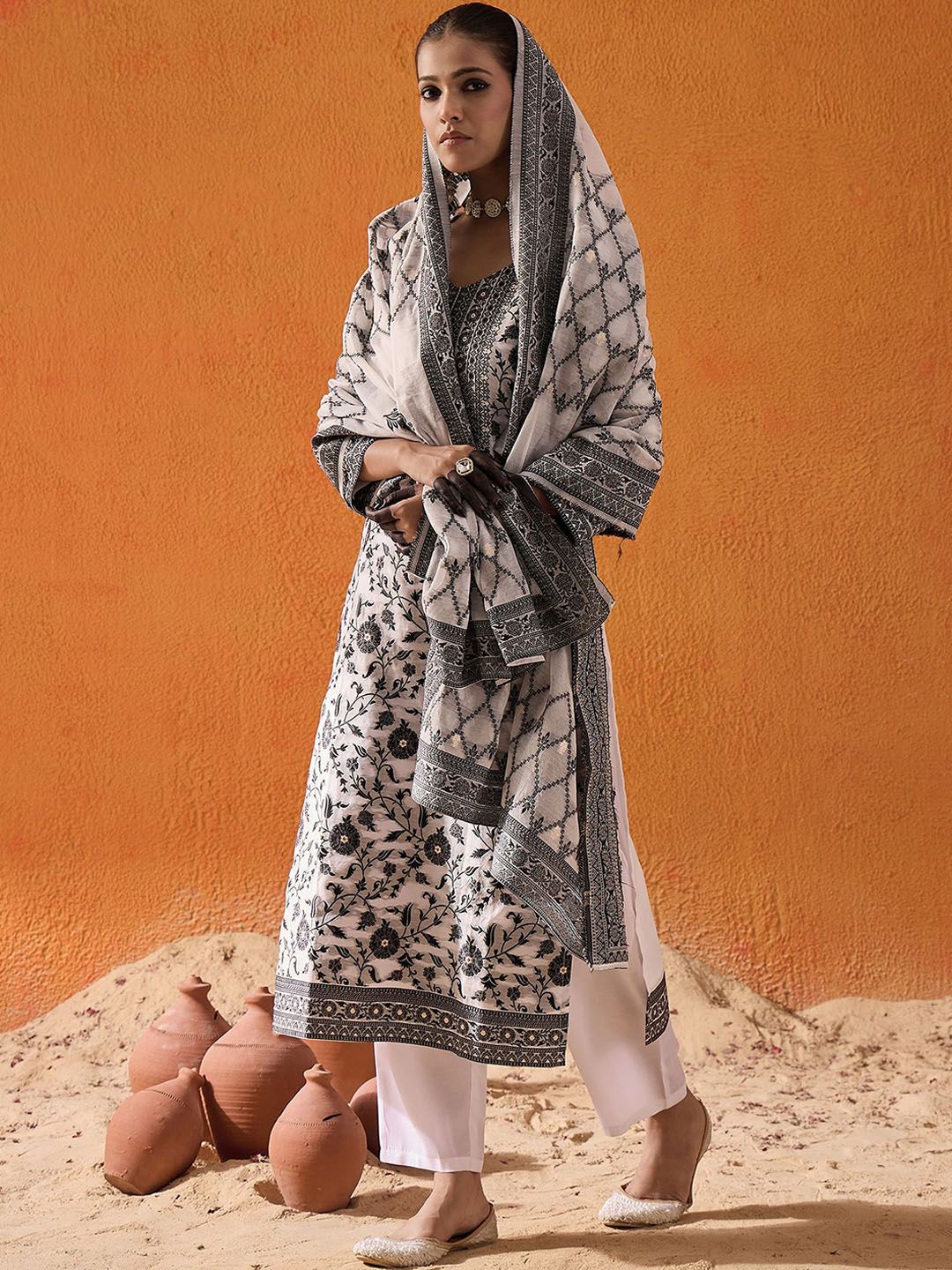 Dhiyona IE White Ethnic Motifs Woven Design Straight Kurta with Trousers & Dupatta