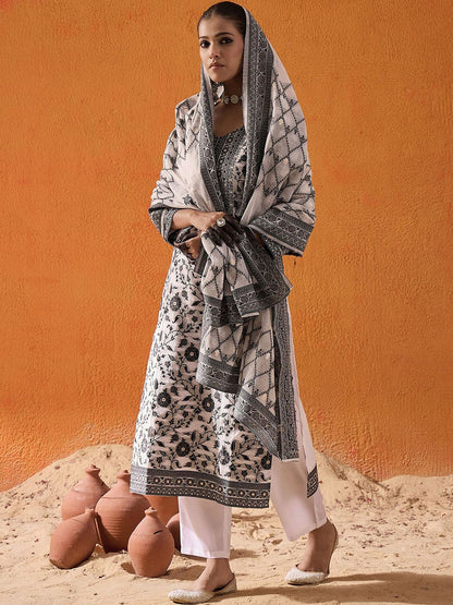 Dhiyona IE White Ethnic Motifs Woven Design Straight Kurta with Trousers & Dupatta