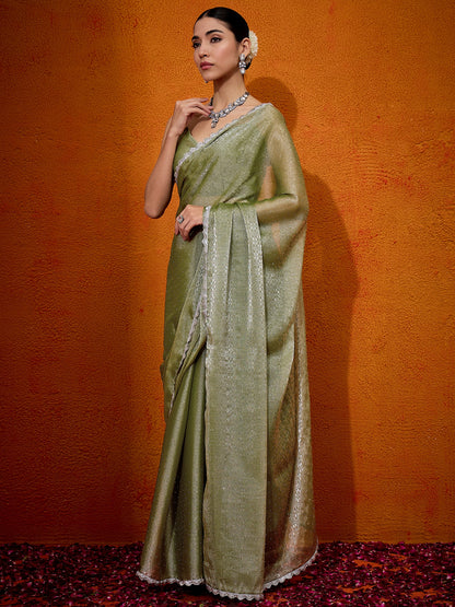 Women's Organza Olive Embellished Designer Saree With Blouse Piece