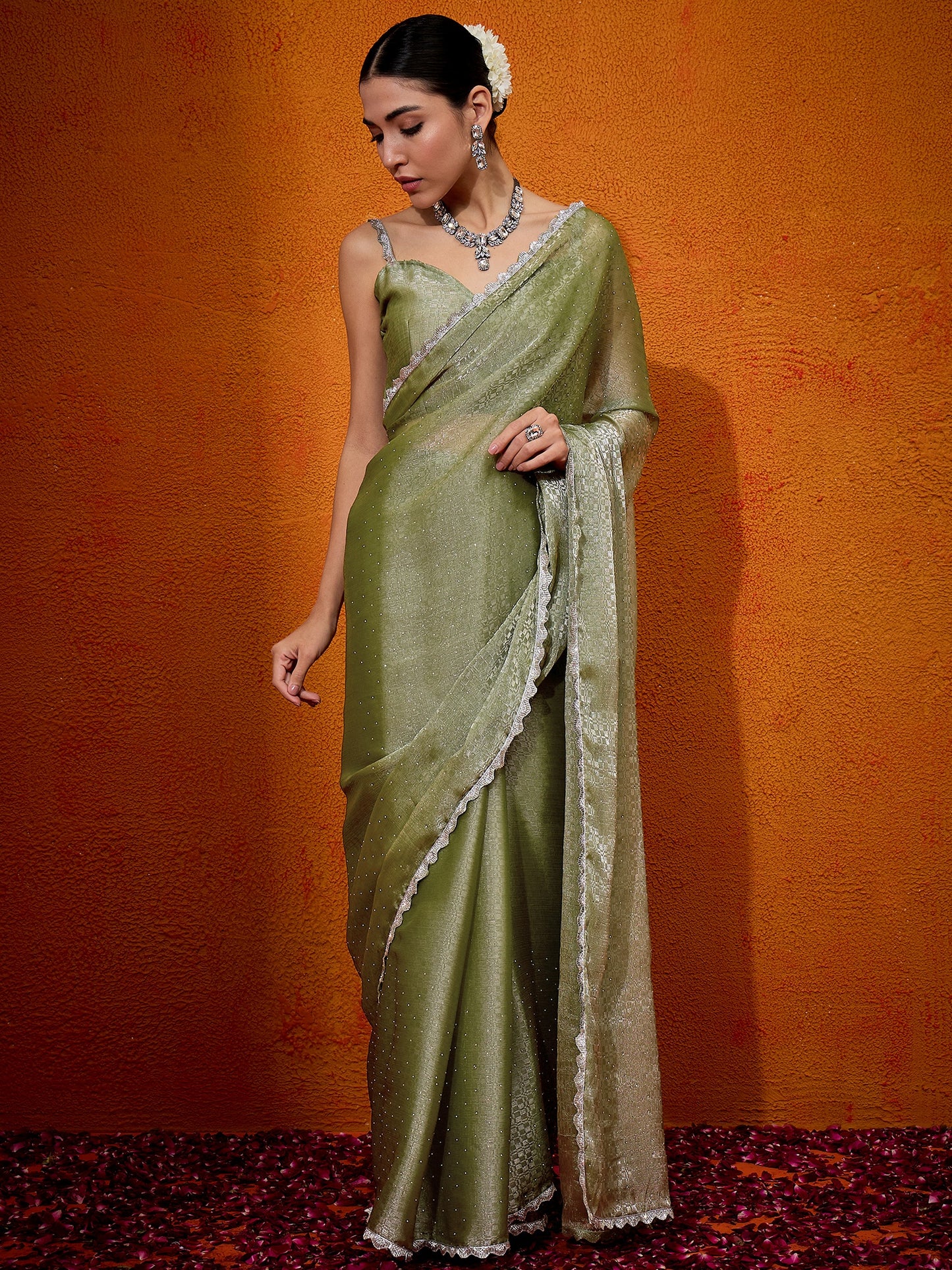 Women's Organza Olive Embellished Designer Saree With Blouse Piece