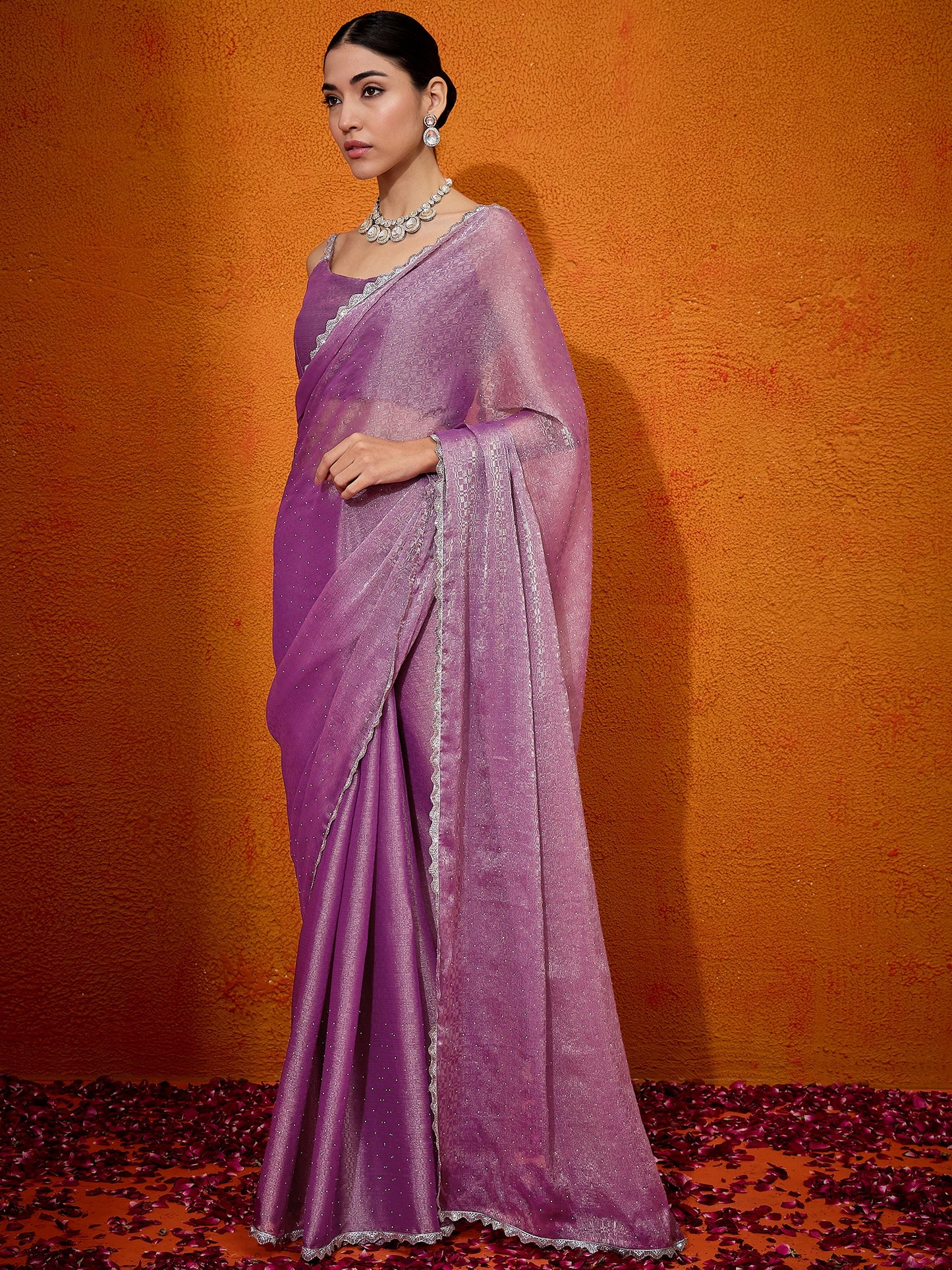 Women's Organza Mauve Embellished Designer Saree With Blouse Piece