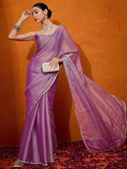 Women's Organza Mauve Embellished Designer Saree With Blouse Piece