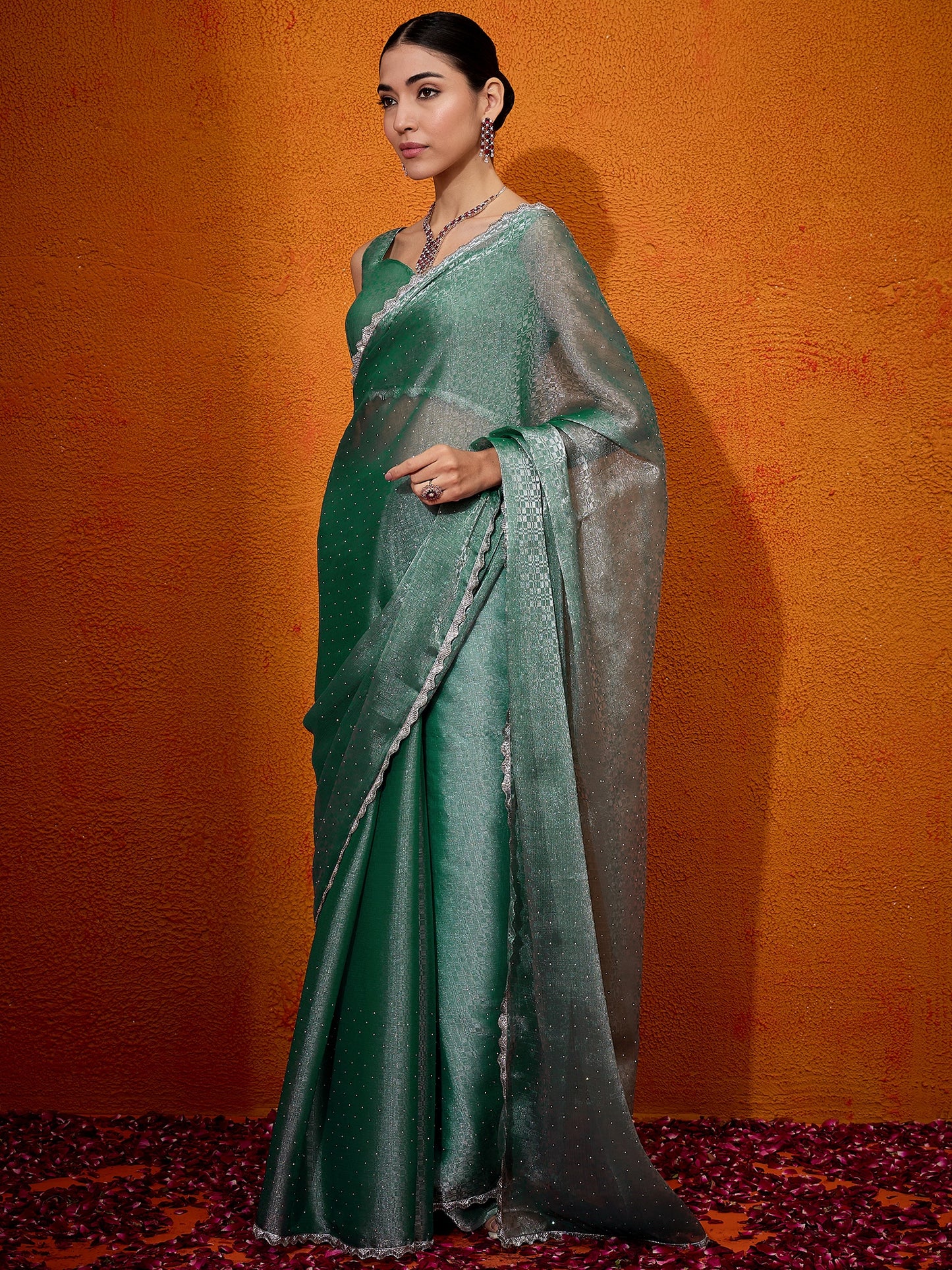 Women's Organza Teal green Embellished Designer Saree With Blouse Piece