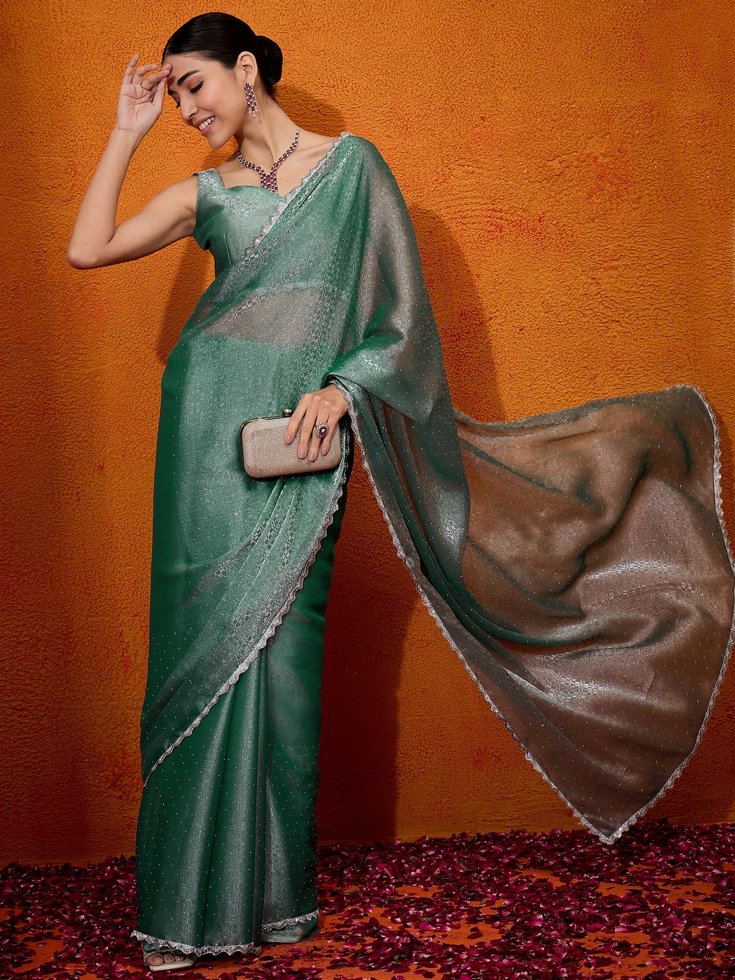 Women's Organza Teal green Embellished Designer Saree With Blouse Piece