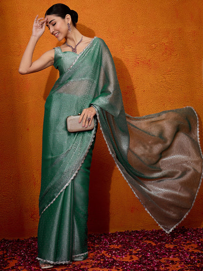 Women's Organza Teal green Embellished Designer Saree With Blouse Piece