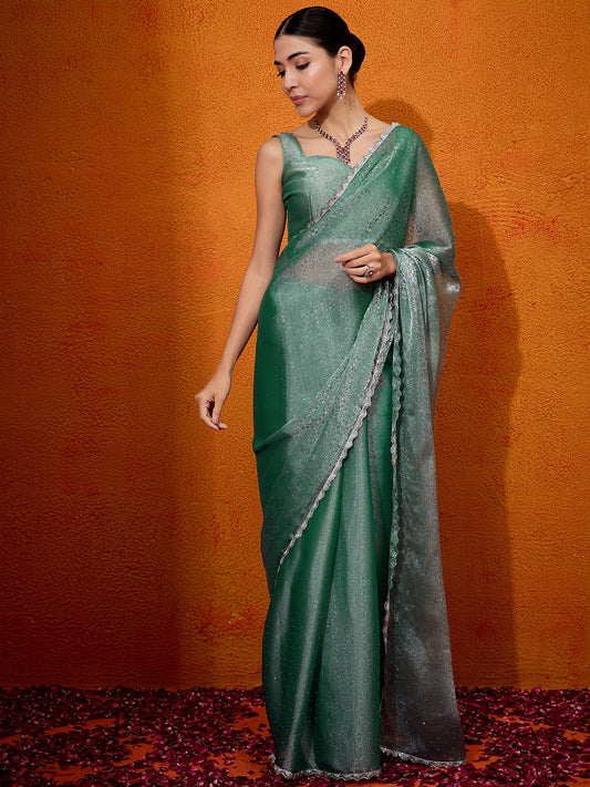 Women's Organza Teal green Embellished Designer Saree With Blouse Piece