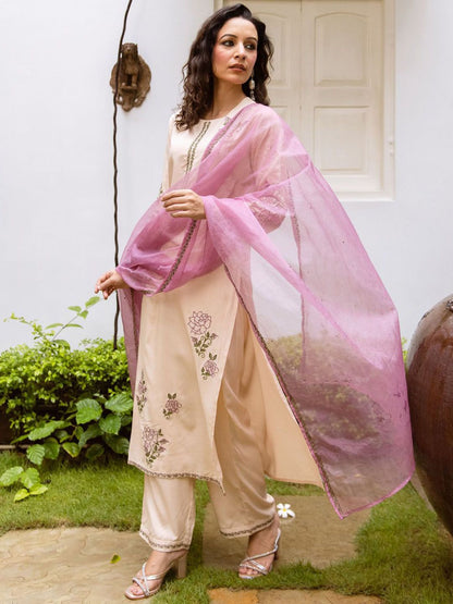 Dhiyona IE Women Floral Embroidered Regular Thread Work Kurta with Trousers & With Dupatta