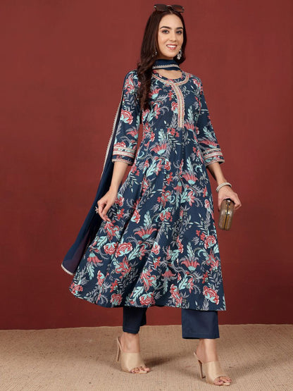 Dhiyona VA Women's Floral Printed Regular Pure Cotton Kurta with Trousers & With Dupatta