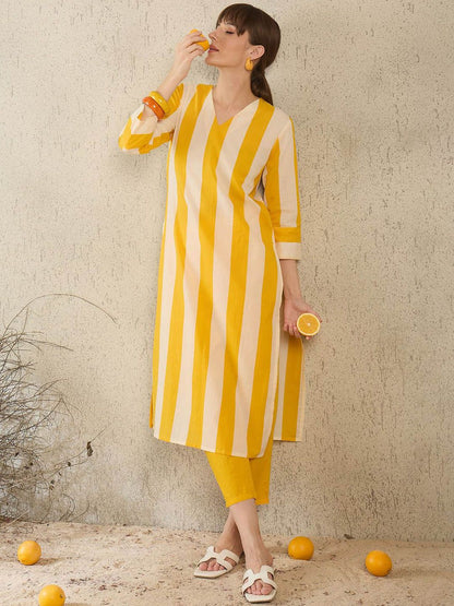 Dhiyona IE Women Striped V-Neck Cotton Tunic and Trousers Co-Ords