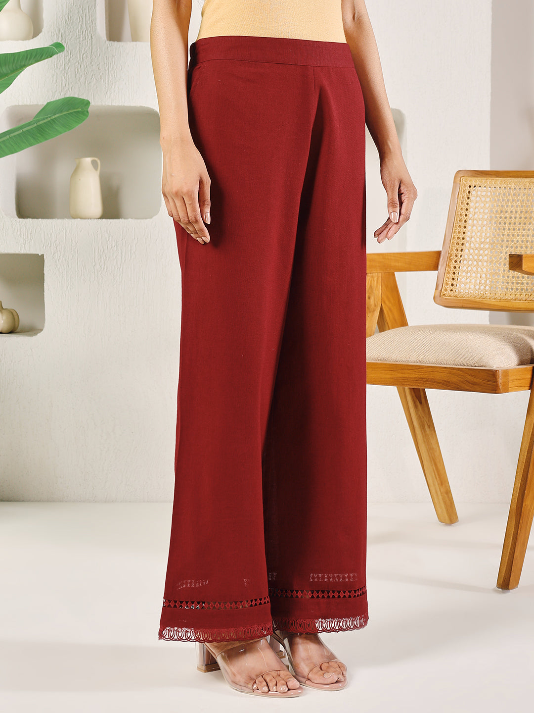 Dhiyona FL Women's Maroon Cotton Solid Palazzo
