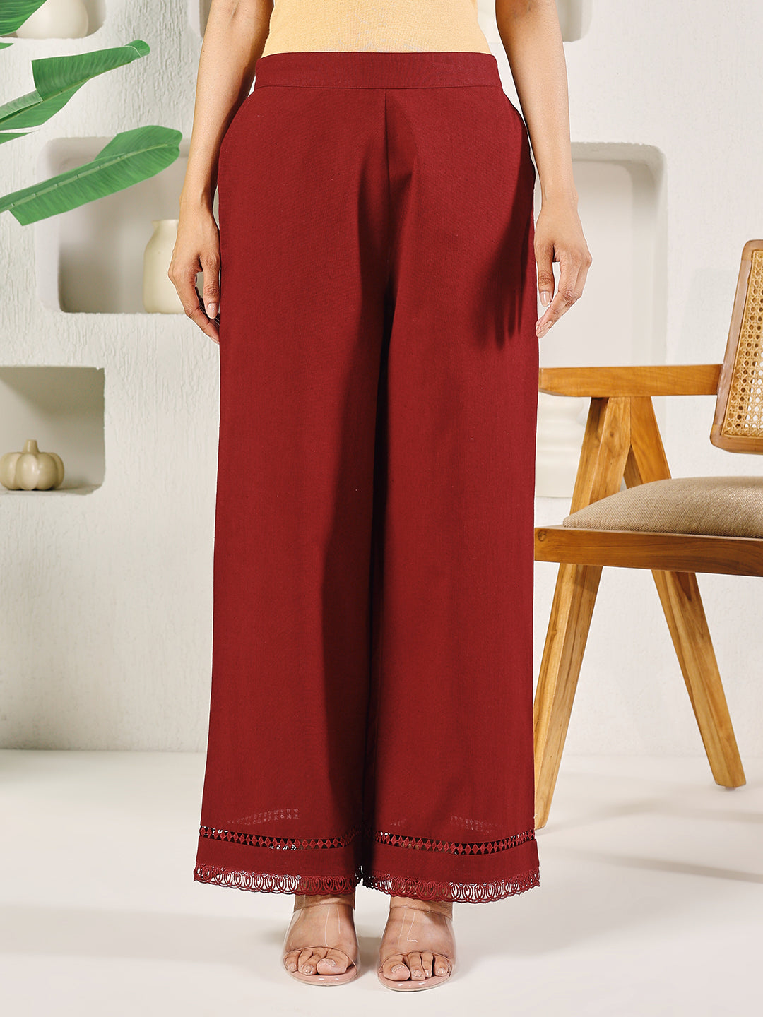 Dhiyona FL Women's Maroon Cotton Solid Palazzo