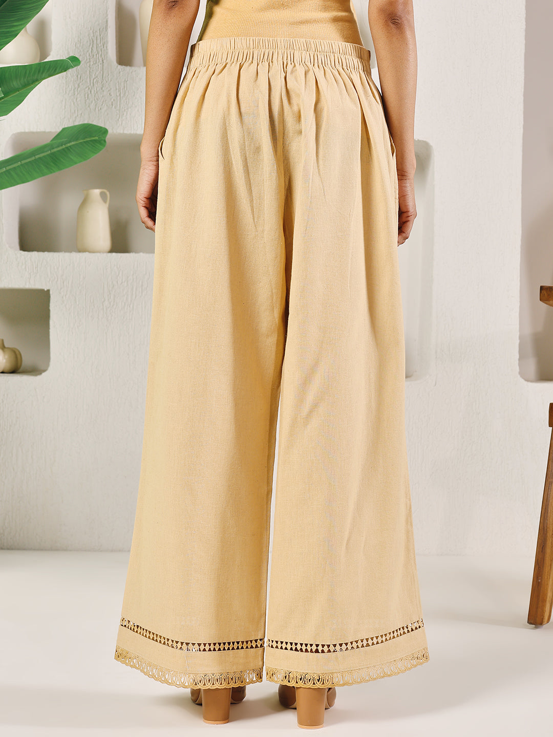 Dhiyona FL Women's Beige Cotton Solid Palazzo