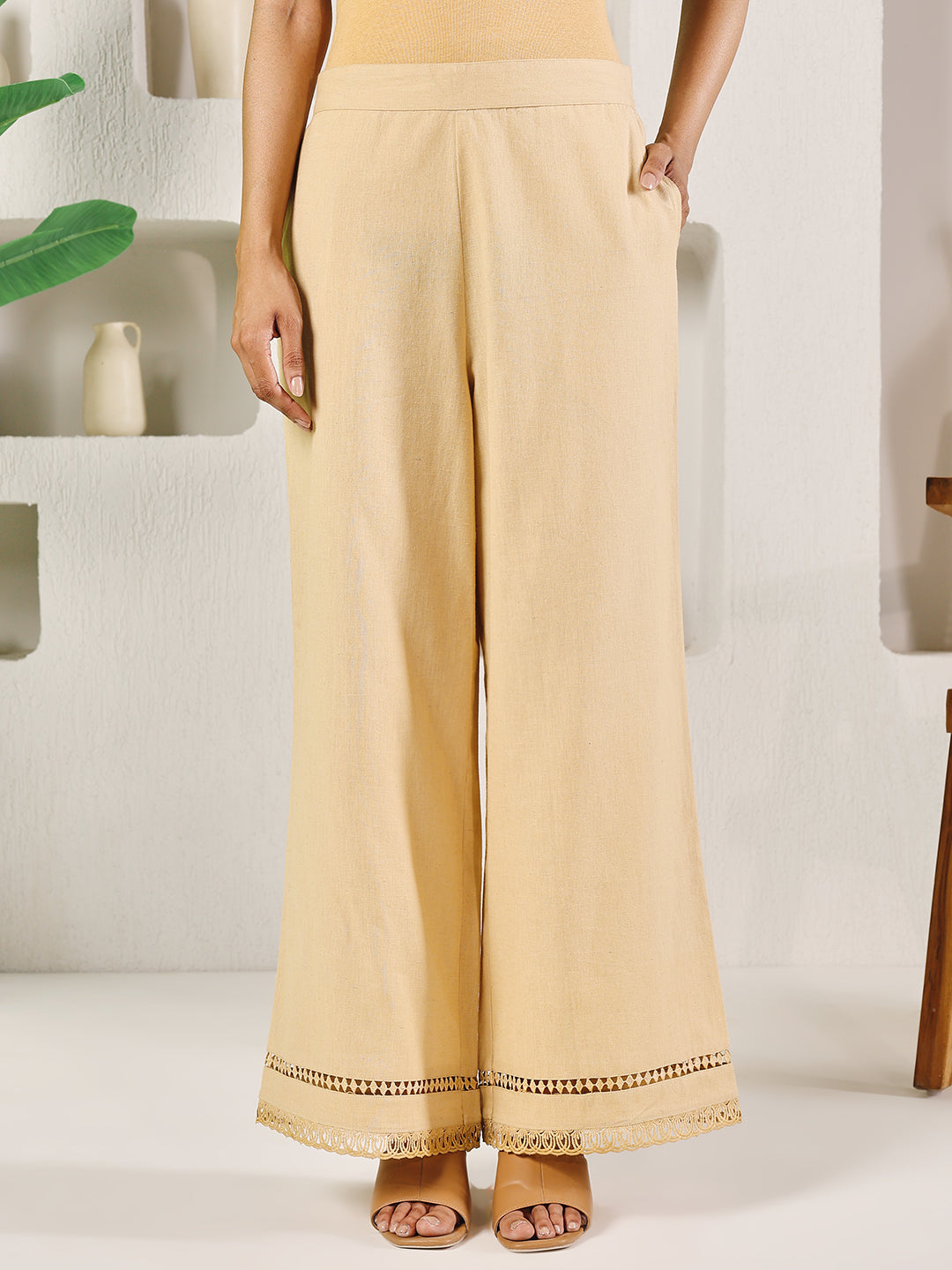 Dhiyona FL Women's Beige Cotton Solid Palazzo