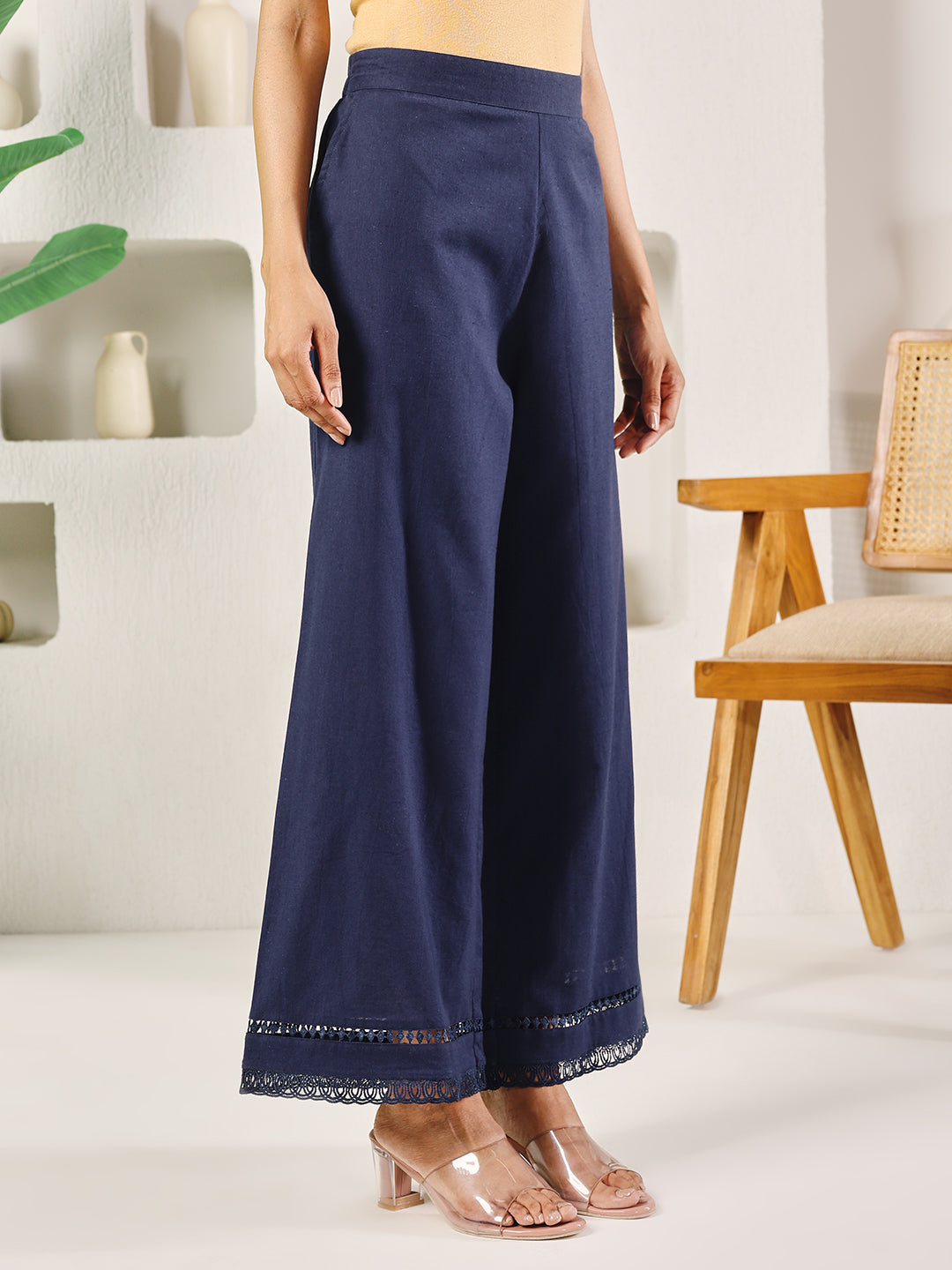 Dhiyona FL Women's Navy Blue Cotton Solid Palazzo