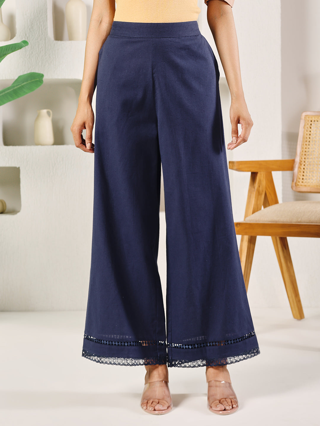 Dhiyona FL Women's Navy Blue Cotton Solid Palazzo