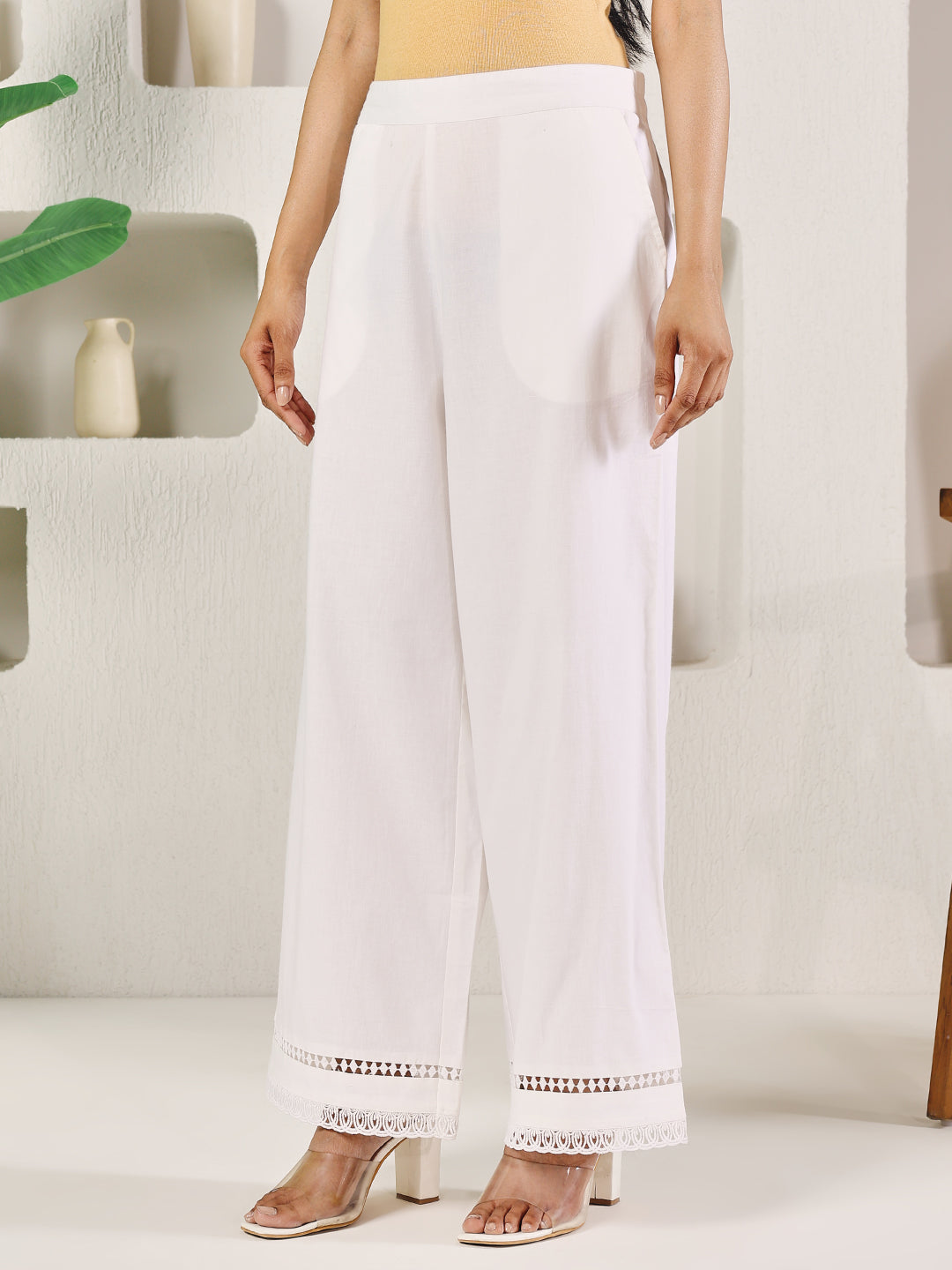 Dhiyona FL Women's White Cotton Solid Palazzo