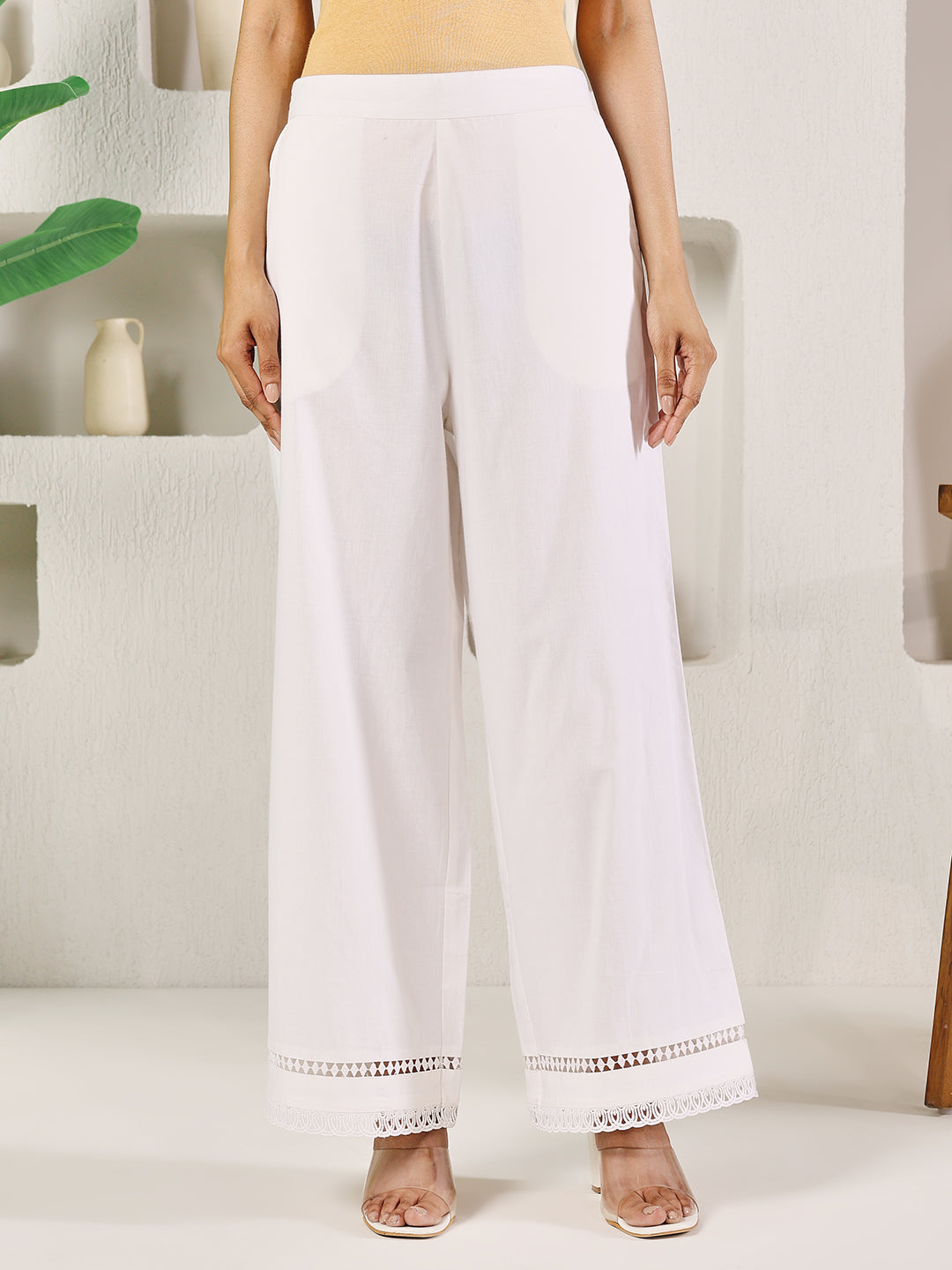 Dhiyona FL Women's White Cotton Solid Palazzo