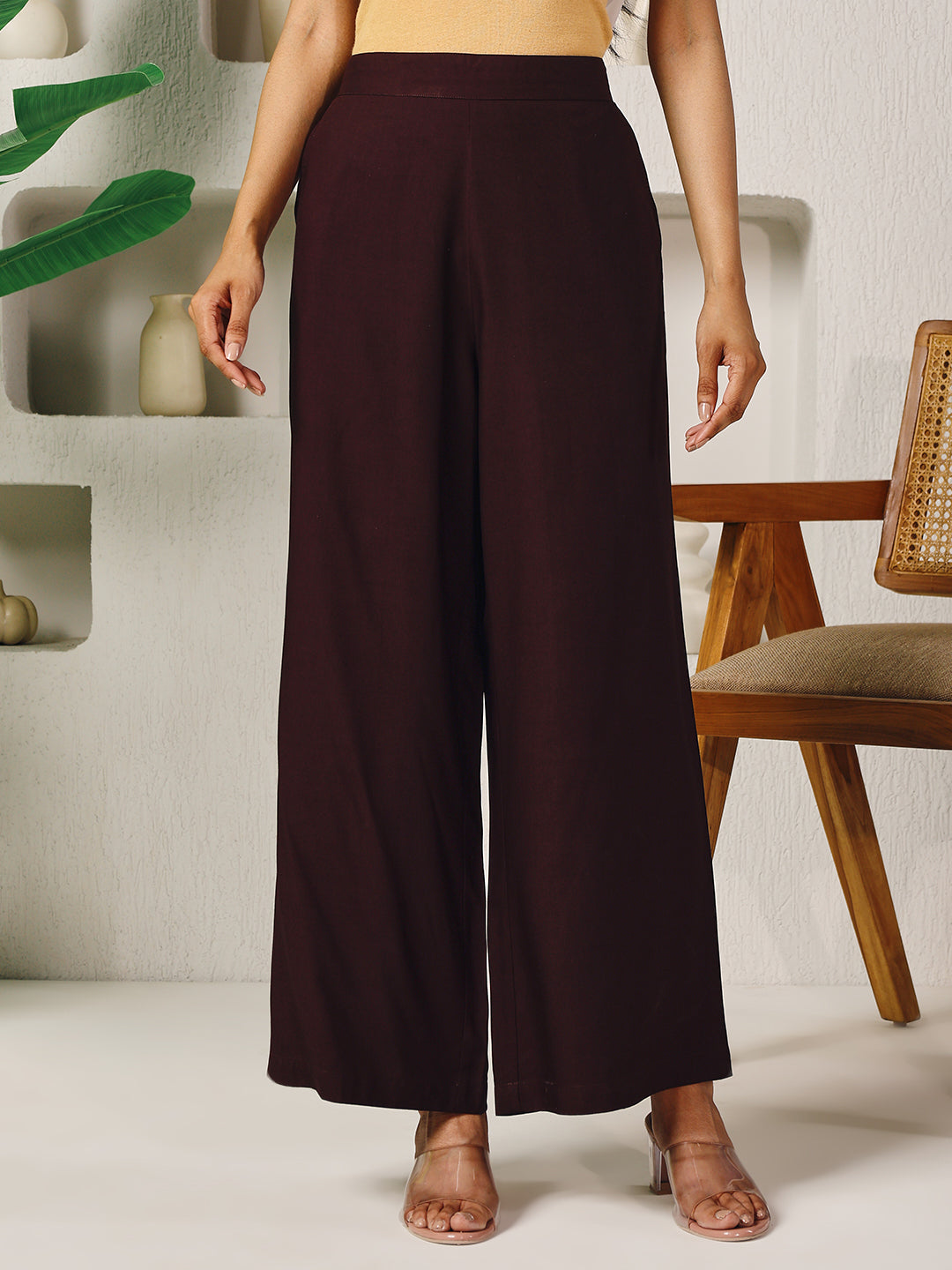 Dhiyona FL Women's Brown Rayon Solid Palazzo