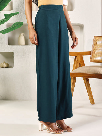 Dhiyona FL Women's Teal Green Cotton Solid Palazzo