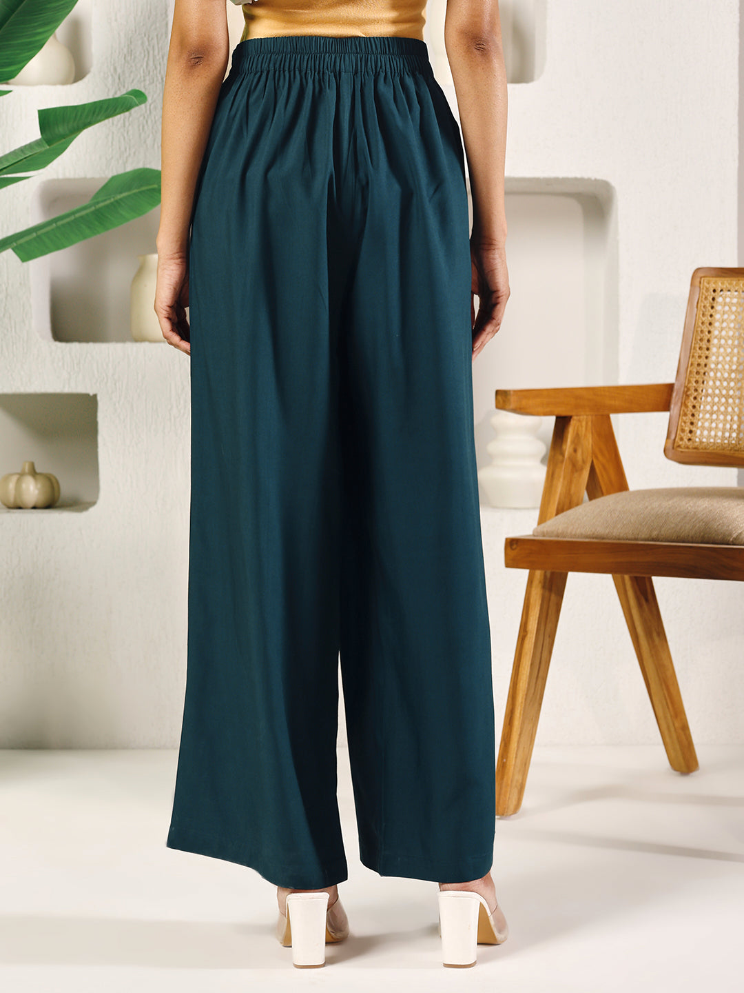 Dhiyona FL Women's Teal Green Cotton Solid Palazzo