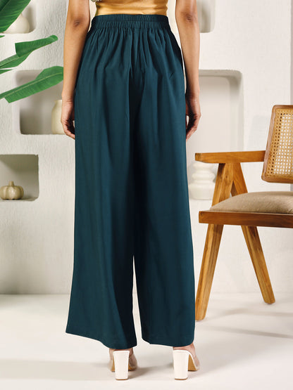 Dhiyona FL Women's Teal Green Cotton Solid Palazzo