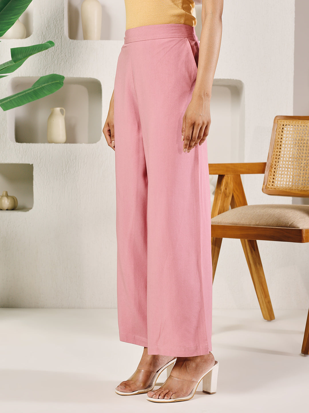 Dhiyona FL Women's Light Pink Rayon Solid Palazzo