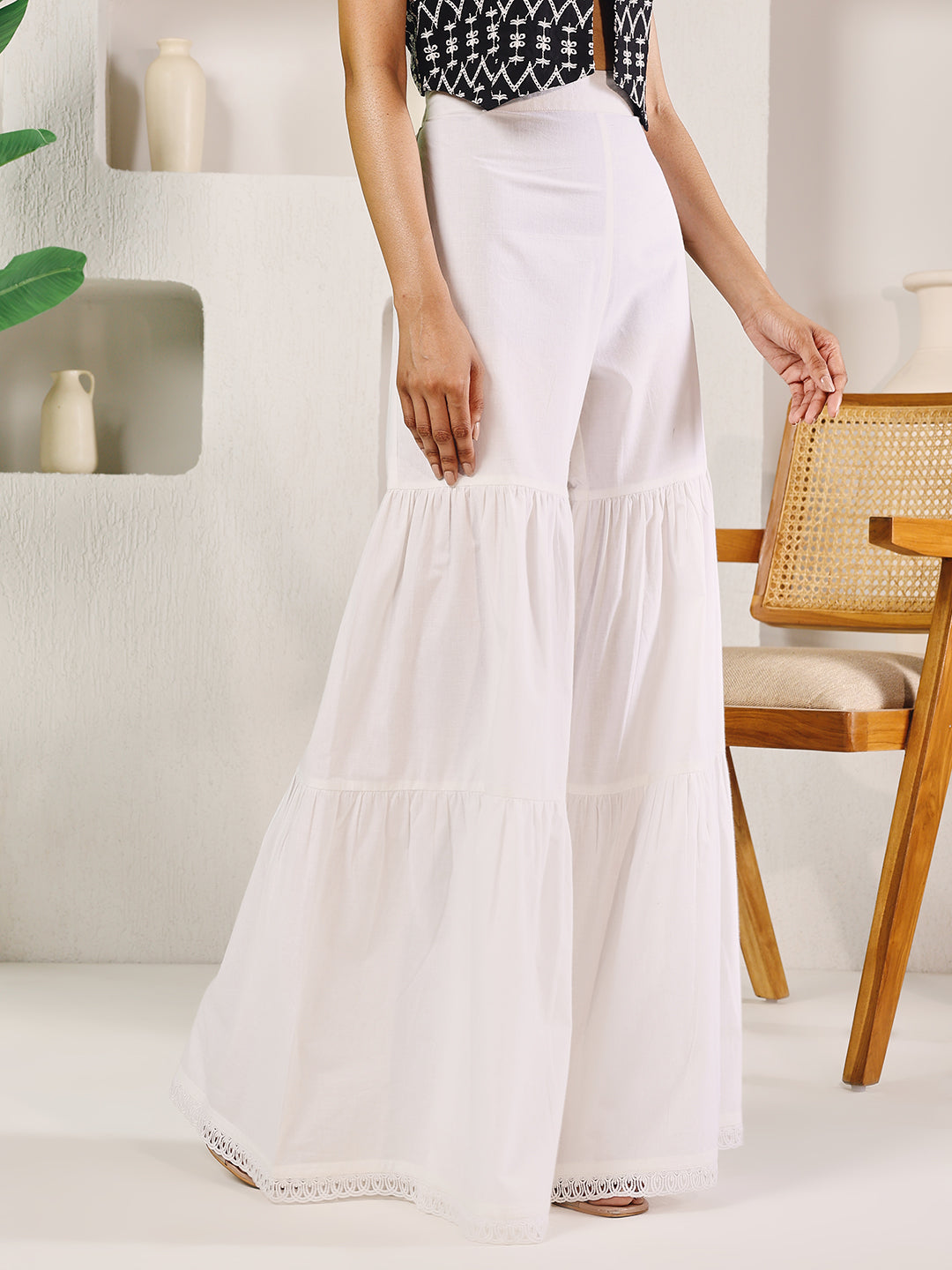 Dhiyona FL Women's White Cotton Tiered Sharara