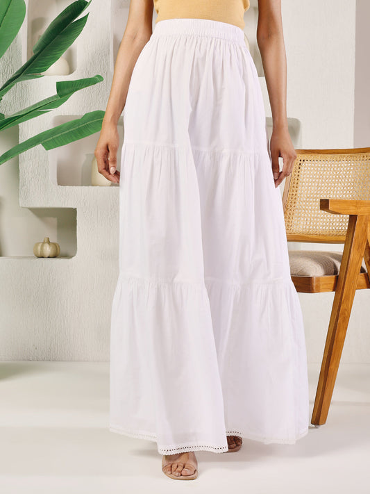 Dhiyona FL Women's White Cotton Tiered Maxi Skirt