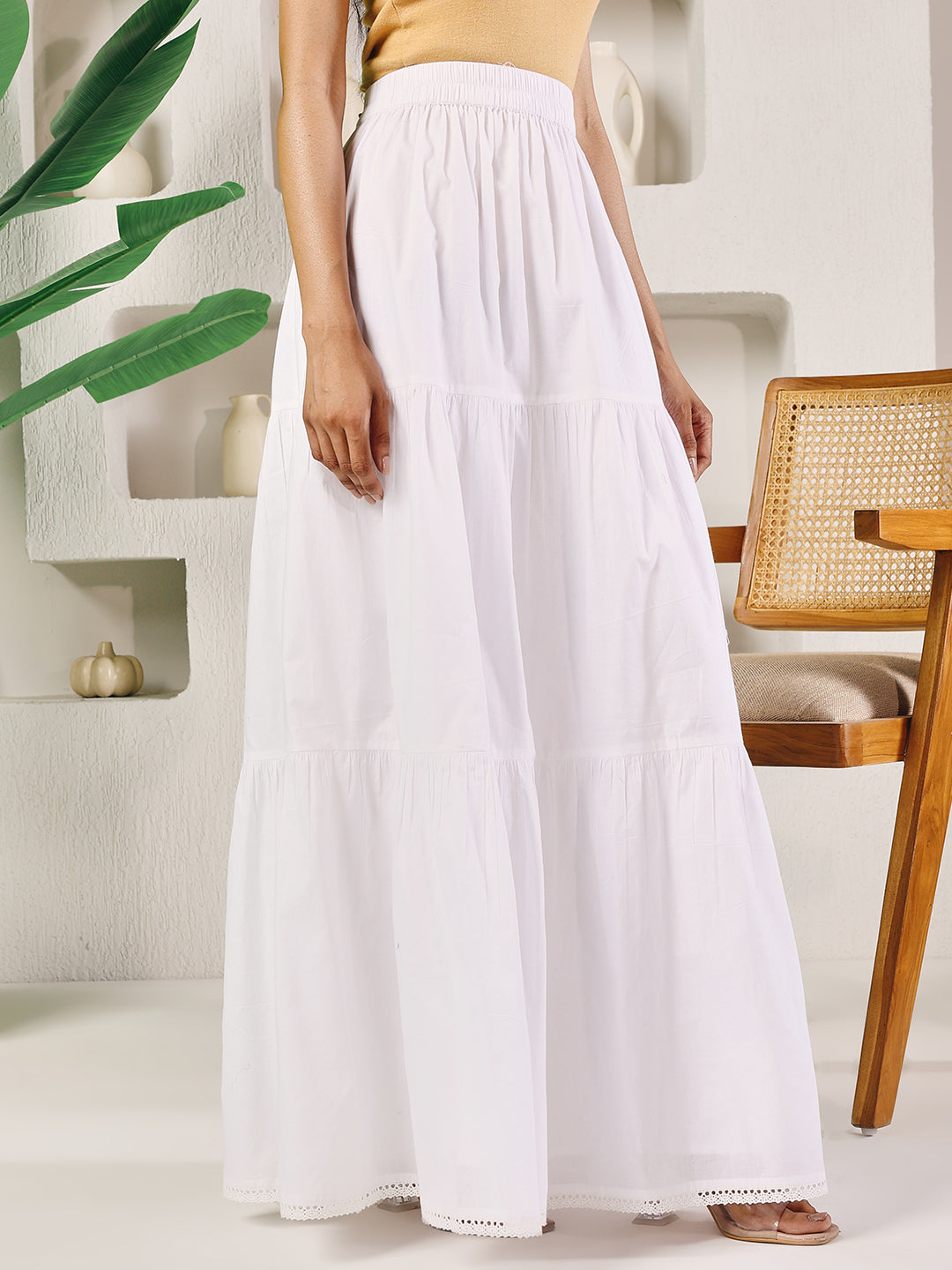 Dhiyona FL Women's White Cotton Tiered Maxi Skirt